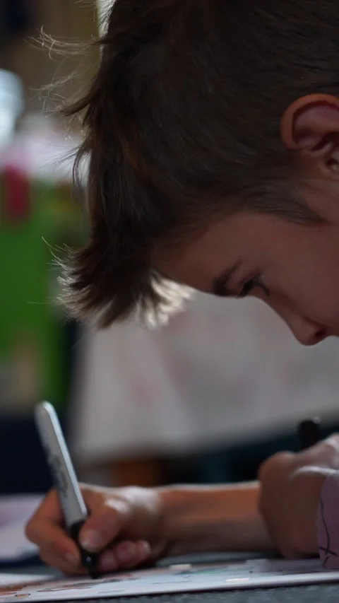Concentrated boy writing at home Stock Footage 254411658