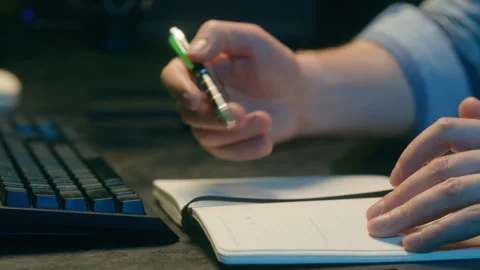 Concentrated Caucasian crypto trader man male late night work touching keys Stock Footage 283383362