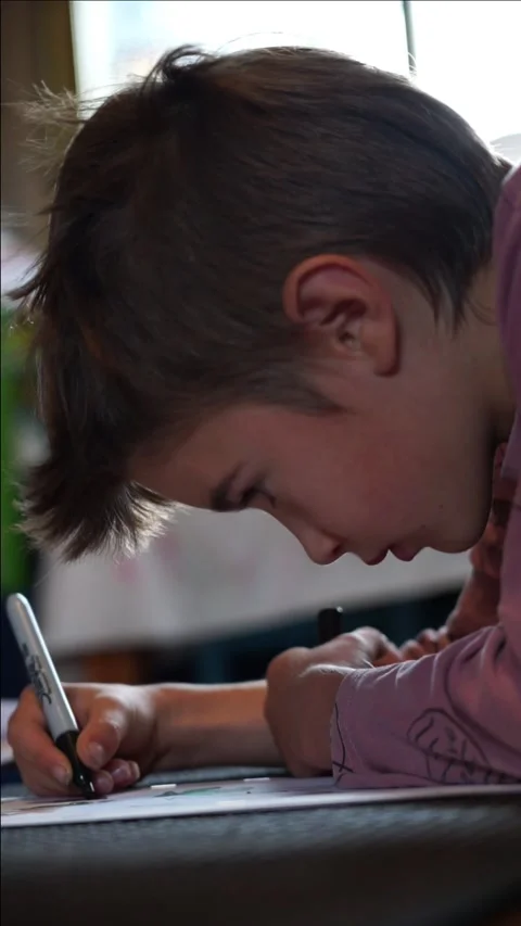 Concentrated child doing school homework Stock Footage 254411657