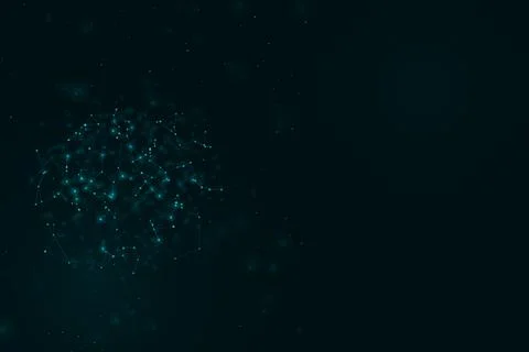 A concentrated cloud of luminous digital nodes floats against a nearly blac.. Illustrazione stock
