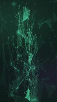 A concentrated column of luminous emerald nodes and angular lines rises thr.. Stock Illustration