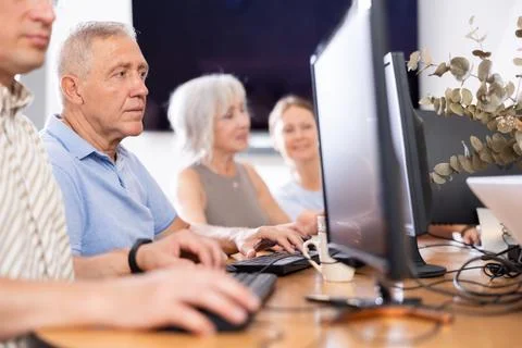 Concentrated elderly man immersed in using computer in library 写真素材
