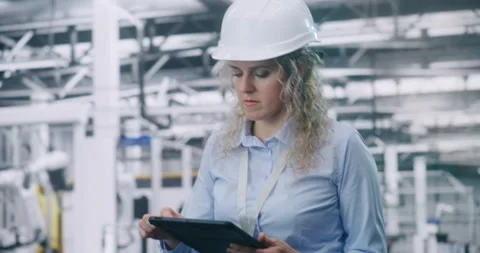 Concentrated Female Industrial Engineer Analyzes Production Metrics on Tablet Stock Footage 325731915
