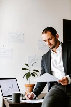 Concentrated financial manager analyzing data in office Stock Photos