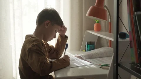 Concentrated kid school boy studying lesson writing with pen at home. Primary Stock Footage 252213222