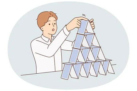 Concentrated man makes pyramid of playing cards symbolizing fragile business Stock Illustration