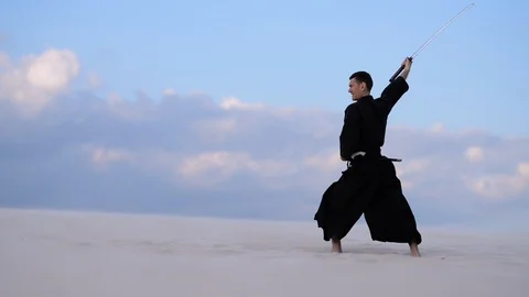 Concentrated man training martial arts in desert Video stock 101485373