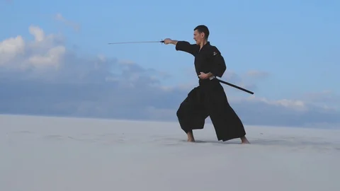 Concentrated man training martial arts in desert Video stock 101485382
