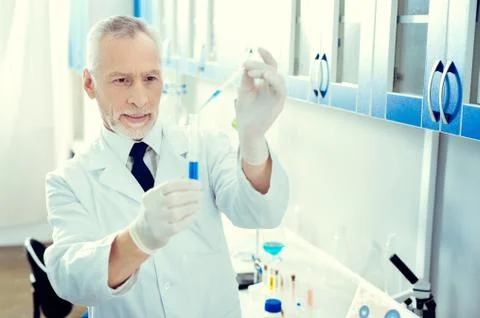 Concentrated mature scientist adding liquid into test tube Stock Photos