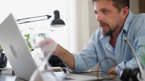 Concentrated middle-aged designer  pointing at a computer screen with a sty.. Stock Footage 341750593