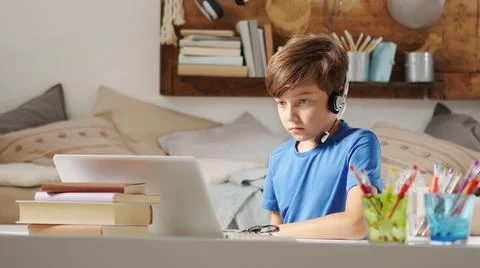 Concentrated student boy studying on the computer at remote school on the web Foto stock