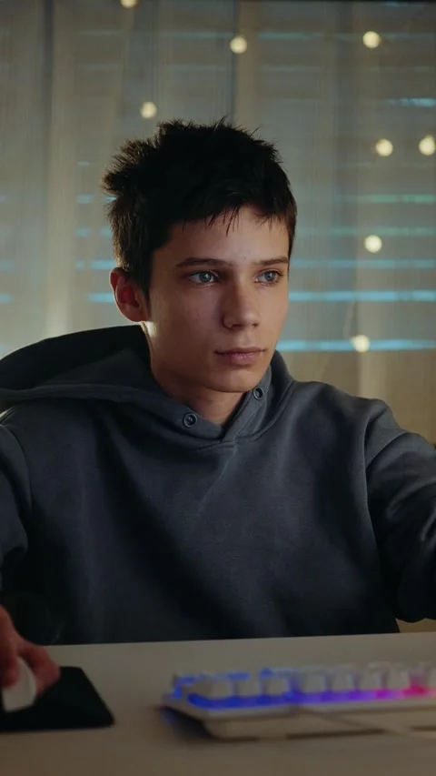 Concentrated Teen Gamer Using a Computer Mouse in a Dark Room Stock Footage 336316993