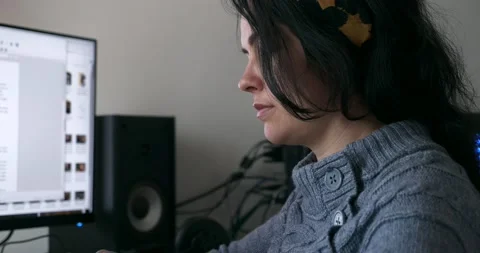 Concentrated Woman Thinking on Idea while Working at Home Using Desktop Computer Stock Footage 152472099