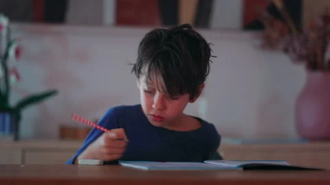 Concentrated young boy erases a mistake and quickly resumes writing in his .. Stock Footage 343653771