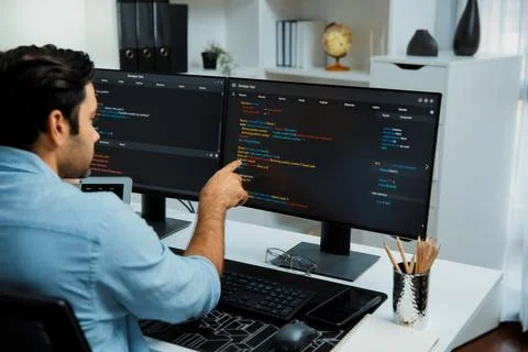 Concentrating in smart IT developer working coding on two pc screen. Surmise. Stock Photos