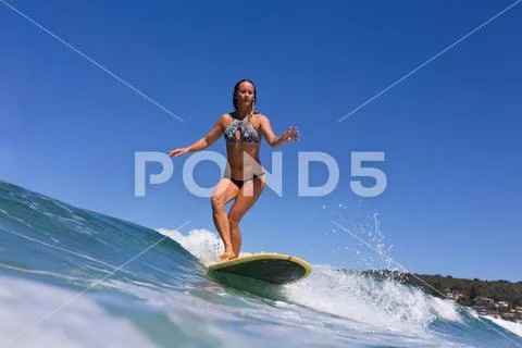 Concentrating surfer girl riding a wave on a longboard in summer sunshine Stock Photos