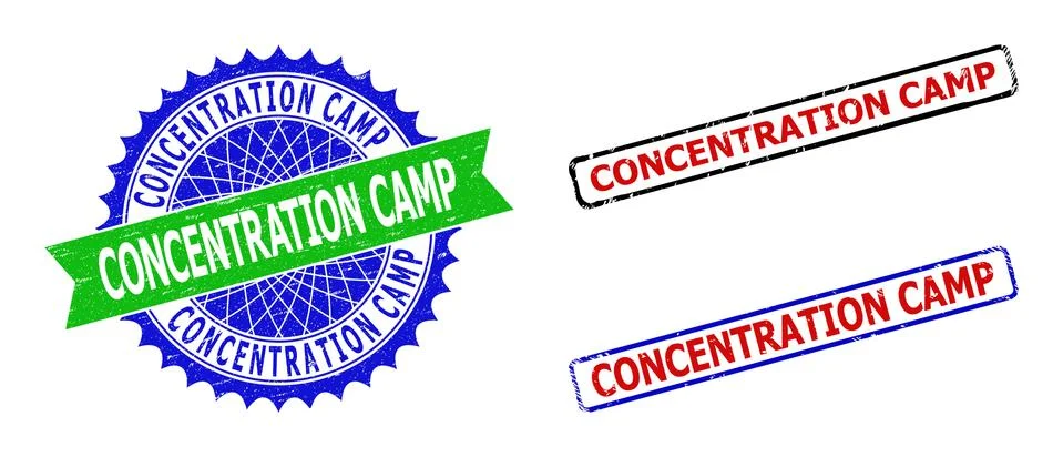 CONCENTRATION CAMP Rosette and Rectangle Bicolor Stamp Seals with Grunge Styles Stock Illustration