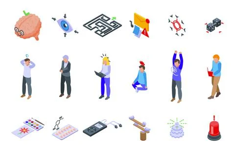 Concentration icons set isometric vector. Yoga meditate Illustrazione stock