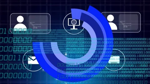Concentric blue arcs expanding and rotating with icons appearing, showing Stock Footage 334351903