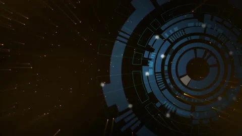 Concentric blue HUD pulsing nodes initiating golden streaks while rotating Stock Footage 321161870
