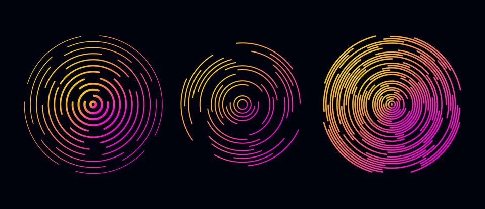 Concentric circle segments set in dark theme. Rippled round patten collection Stock Illustration