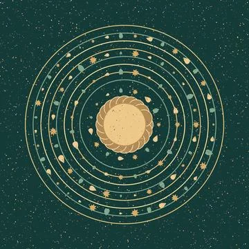 Concentric circles pattern with glowing dots on dark green background illus.. Stock Illustration