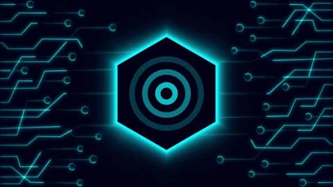 Concentric circles rotate inside a tech hexagonal frame with circuit paths... 動画素材 338240200