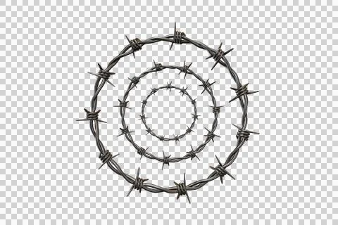 Concentric circles of sharp, metallic barbed wire on a dark background Stock Illustration