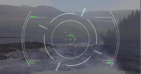 Concentric circular HUD overlay displaying interface over coastal inlet, with Stock Illustration