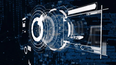 Concentric circular HUD rotating above translucent globe, displaying data panels Stock Footage 309285905