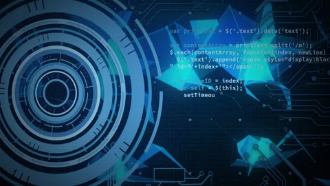 Concentric circular interface spinning on dark blue grid showing floating code Stock Footage 309100724