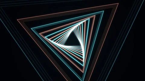 Concentric cyan and coral triangles rotate inward toward a dark central void 库存影片 345184875