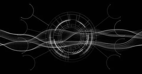 Concentric digital interface pulsing in void, with dotted waves, grid lines and Stock Illustration