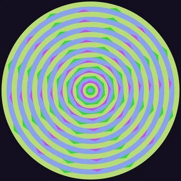 Concentric geometric spiral pattern with neon colors on black background Stock Illustration