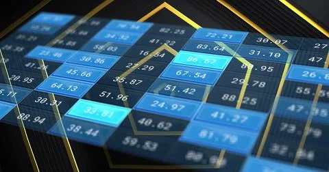 Concentric gold hexagonal lines over financial data processing Stock Photos