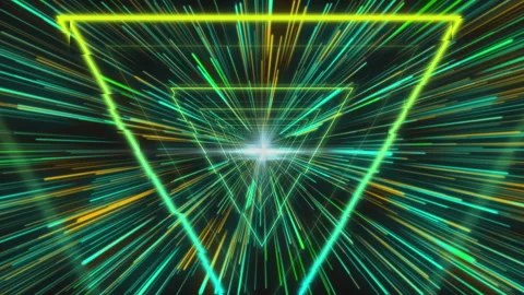Concentric green triangle outlines moving over green and yellow starburst Stock Footage 146560210