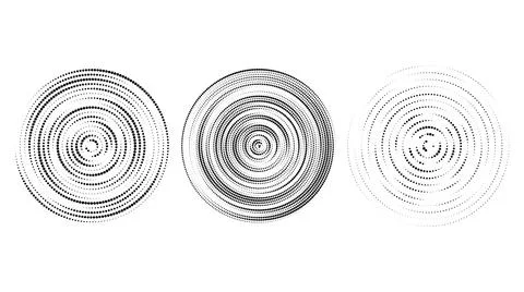 Concentric halftone circles set. Dotted sound wave rings collection. Epicentre Stock Illustration