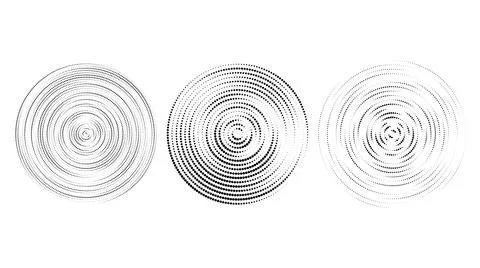 Concentric halftone circles set. Dotted rings collection. Epicentre, target Stock Illustration