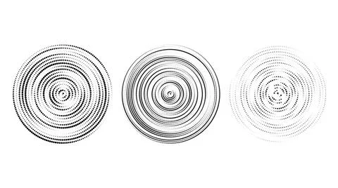 Concentric halftone circles set. Dotted rings collection. Epicentre, target Stock Illustration