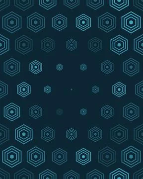 Concentric hexagonal outlines vary in scale and brightness across a deep na.. Stock Illustration
