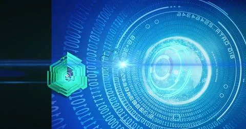 Concentric HUD interface radiating binary code in virtual environment, with 3D 스톡 사진