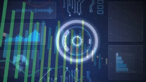 Concentric HUD reacting to load, rotating and pulsing while bars shifting right, Stock Footage 332577542
