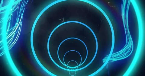 Concentric neon blue circles image over dark background with abstract shapes Stock Photos