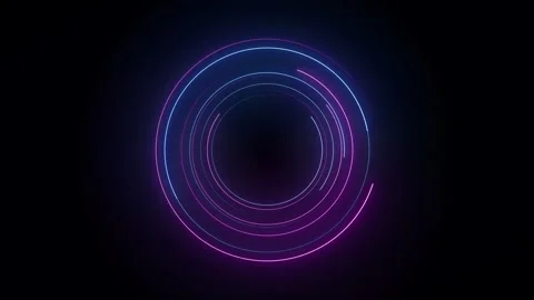 Concentric neon ring HUD loop purple blue circular light trails, dark void cente Stock Footage 340565564