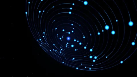 Concentric Orbit Rings and Glowing Cyan Particle Nodes Loop Stock Footage 345250546