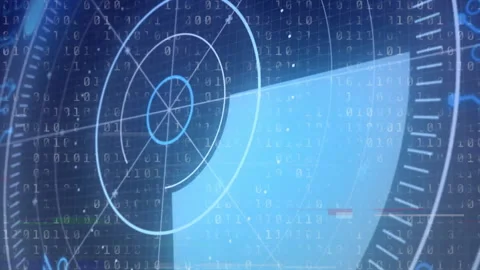 Concentric radar graphic rotating in animated illustration, displaying binary Video stock 307456710