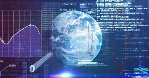 Concentric red HUD forming over central CGI globe rings separating orbiting Stock Footage 328685161