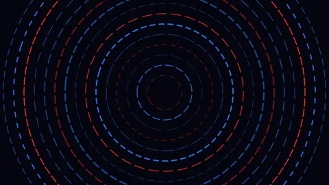Concentric rings of red and blue light dashes on a dark background Stock Footage 335146127