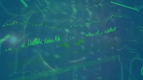 Concentric ripple starting dot matrix while HUD forming layered green charts Stock Footage 334788229