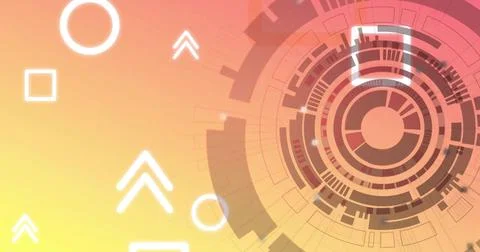 Concentric segmented interface rotating in warm gradient background, with white Foto stock